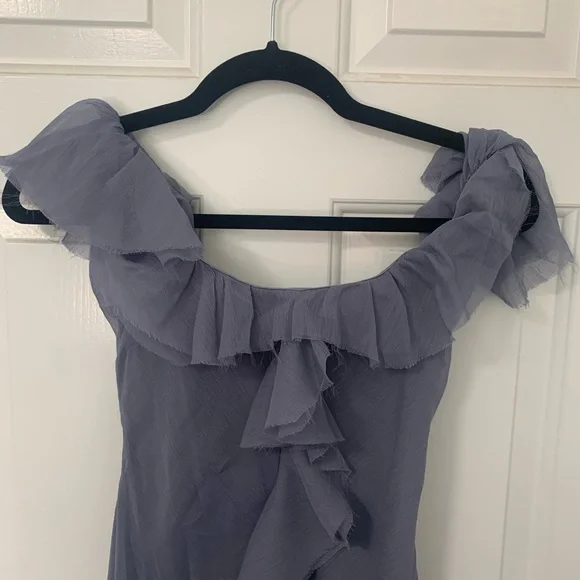 ASOS Dusty Blue Asymmetrical Ruffle Off-Shoulder Gown - Picture 7 of 9